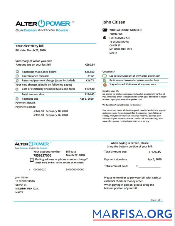 Профессиональный Мальта AlterPower Мальта proof of address Счёт за коммунальные услуги Счёт Шаблон in Word and PDF Формат
