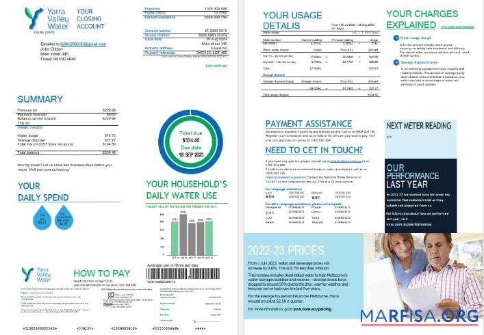 Melbourne Yarra Valley Вода Вода Счёт за коммунальные услуги Счёт Word and PDF Форматы, 2 pages образец