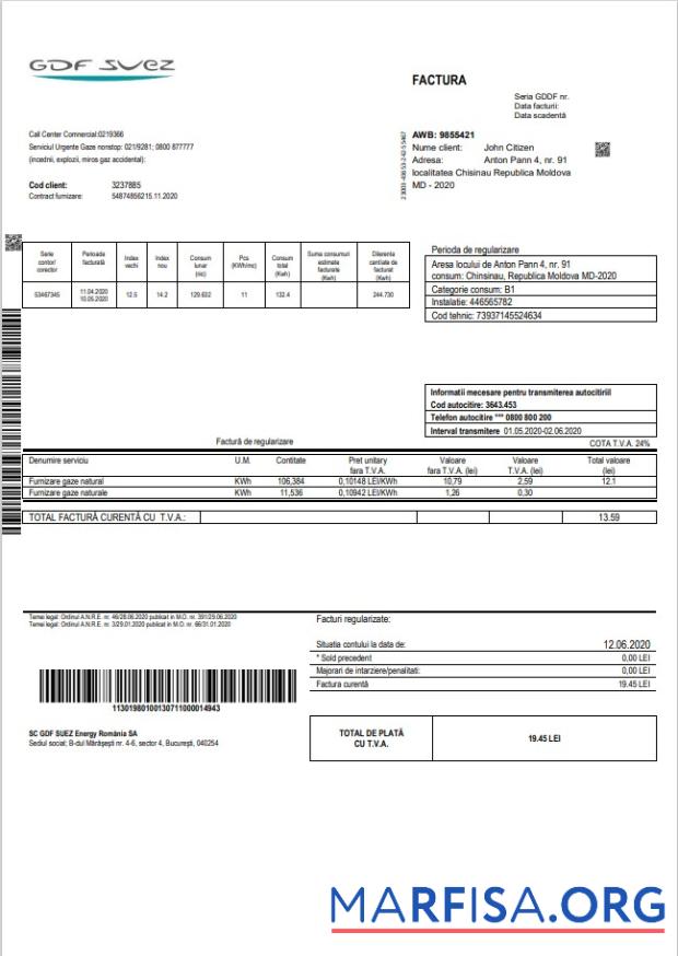 Премиум Молдова Газ Счёт за коммунальные услуги Счёт Шаблон in Word and PDF Формат