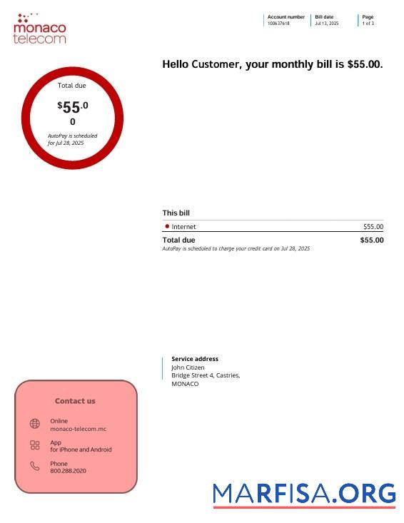 Монако telecom internet Счёт за коммунальные услуги Счёт, 3 pages предпросмотр