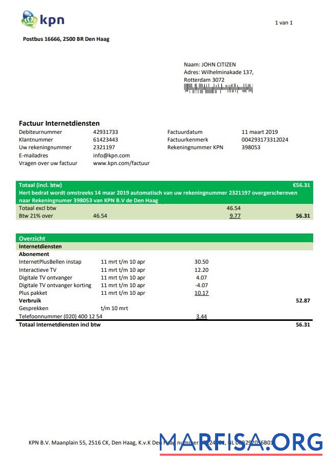 Реалистичный Нидерланды KPN Счёт за коммунальные услуги Счёт Шаблон in Word and PDF Формат