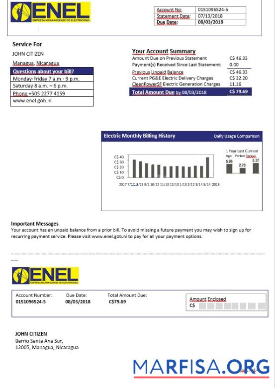 Профессиональный Никарагуа Nicaraguan Электричество Компания ENEL Электричество Счёт Шаблон in Word Формат