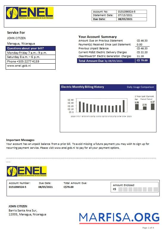 Реалистичный Никарагуа Nicaraguan Электричество Компания ENEL Электричество Счёт за коммунальные услуги Счёт Шаблон in Word and PDF Формат