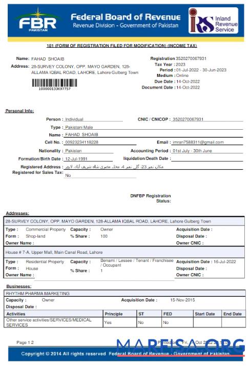 Премиум Пакистан FBR Счёт за коммунальные услуги Счёт Word and PDF Шаблон