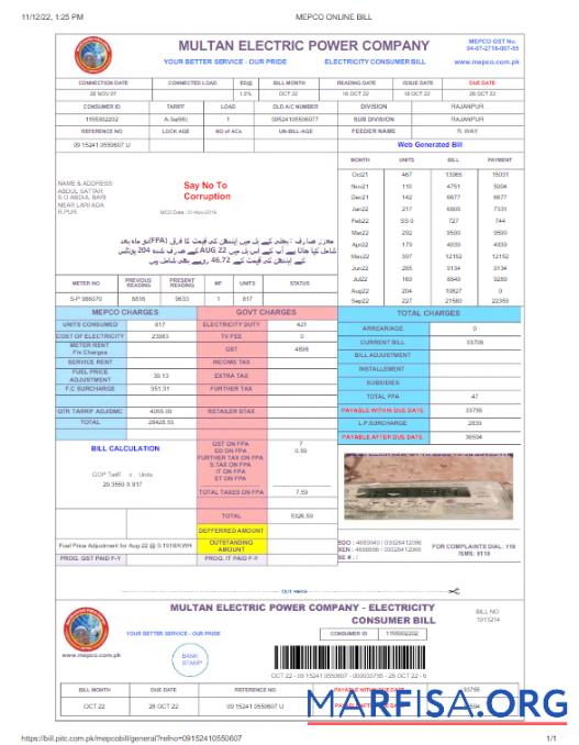 Редактируемый Пакистан MULTAN ELECTRIC POWER Счёт за коммунальные услуги Счёт Word and PDF Шаблон, Версия 2