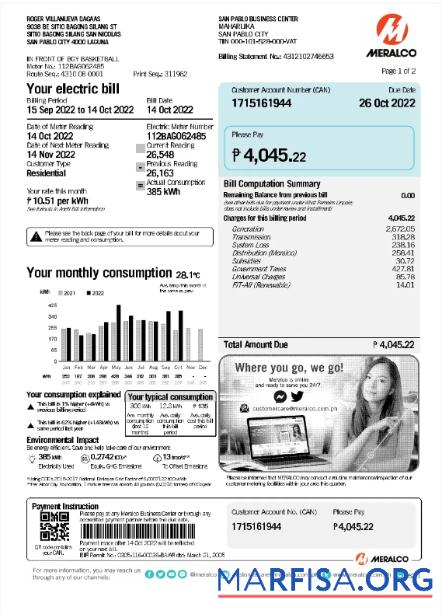 Редактируемый Филиппины MERALCO Счёт за коммунальные услуги Счёт Word and PDF Шаблон
