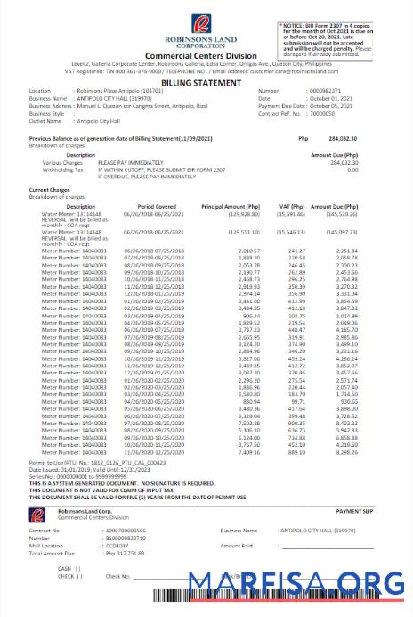 Премиум Филиппины ROBINSON LAND CORPORATION Счёт за коммунальные услуги Счёт Word and PDF Шаблон
