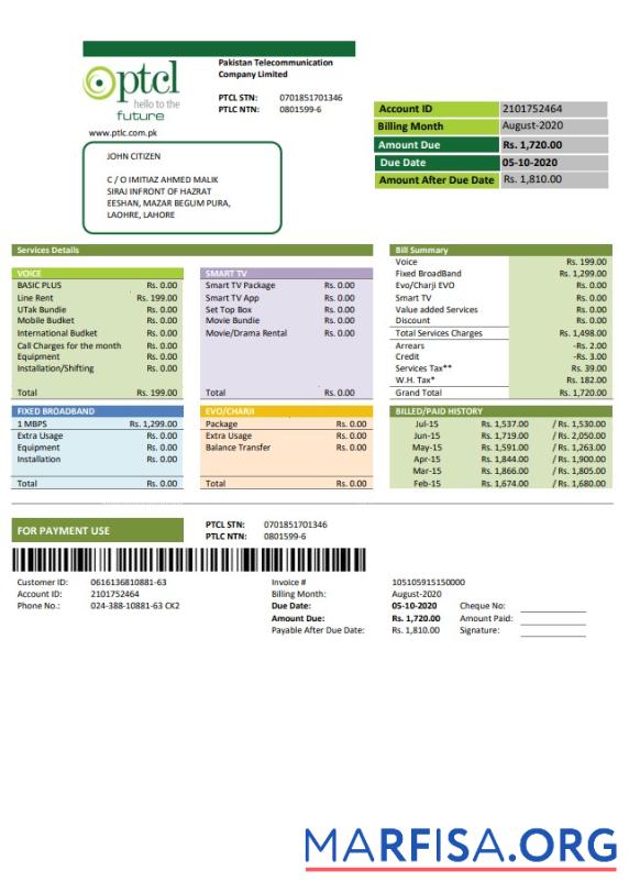 Редактируемый Пакистан PTCL Счёт за коммунальные услуги Счёт Шаблон in Word and PDF Формат