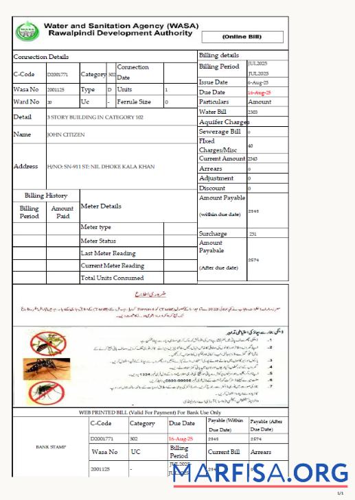 Редактируемый Пакистан Вода and Sanitation агентство Rawalpindi Development Authority Счёт за коммунальные услуги Счёт Шаблон in Word and PDF Форматы