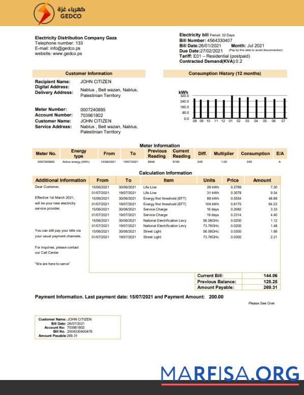 Профессиональный Палестина Электричество Distribution Компания Gaza (GEDCO) Счёт за коммунальные услуги Счёт Шаблон in Word and PDF Формат