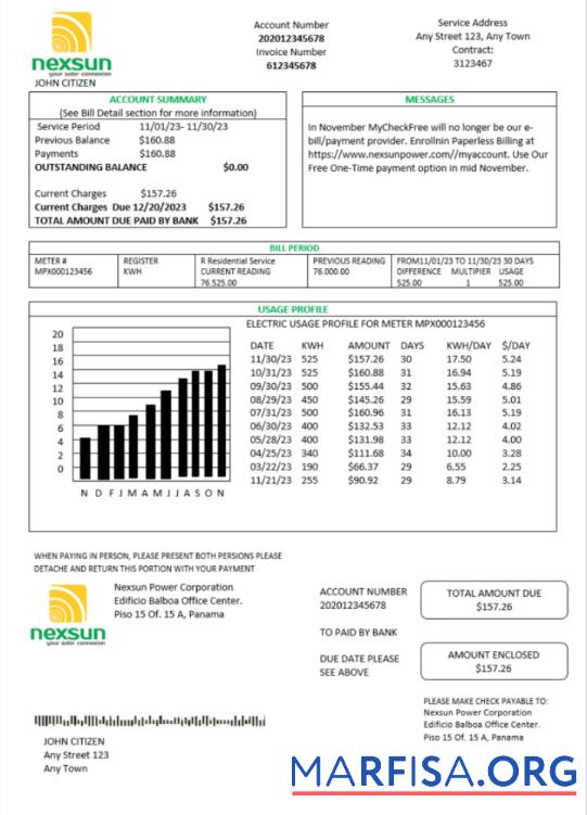 Высокое Качество Панама Nexsun Power Corporation Электричество Счёт за коммунальные услуги Счёт Word and PDF Шаблон