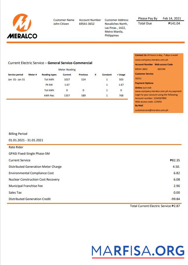 Профессиональный Филиппины Manila Electric Компания (Meralco) Электричество Счёт за коммунальные услуги Счёт Word and PDF Шаблон