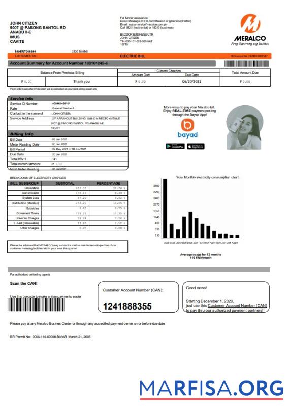 Реалистичный Филиппины Meralco Электричество Счёт за коммунальные услуги Счёт Шаблон in Word and PDF Формат, Версия 2