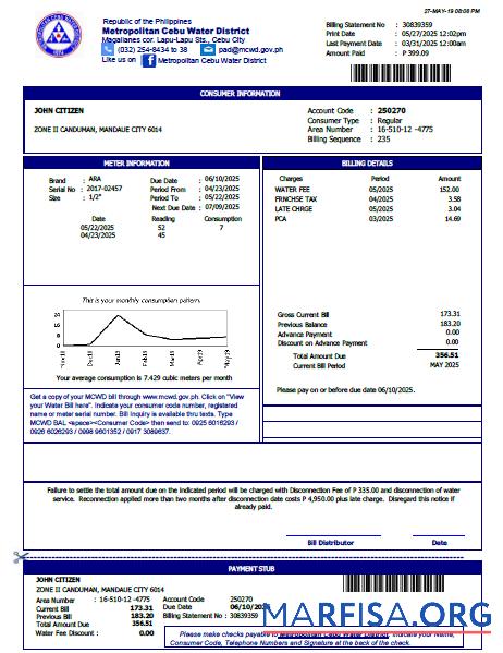 Премиум Филиппины Metropolitan Cebu Вода District Счёт за коммунальные услуги Счёт Шаблон in Word and PDF Форматы, Версия 2