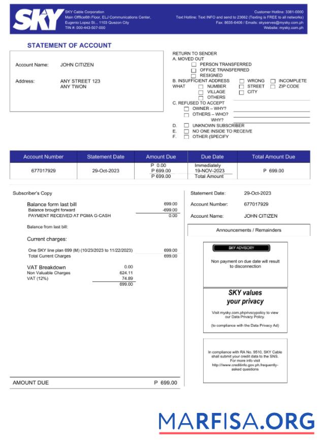 Премиум Филиппины Sky Cable Corporation Счёт за коммунальные услуги Счёт Word and PDF Шаблон