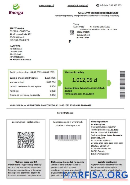Редактируемый Польша Energa Счёт за коммунальные услуги Счёт Шаблон in Word and PDF Формат