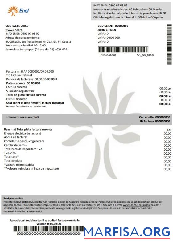 Высокое Качество Румыния Enel Электричество proof of address Счёт за коммунальные услуги Счёт Шаблон in Word and PDF Формат (.doc and .PDF)