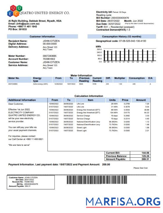 Профессиональный Saudi Quatro United Energy Co. Счёт за коммунальные услуги Счёт, Word and PDF Шаблон