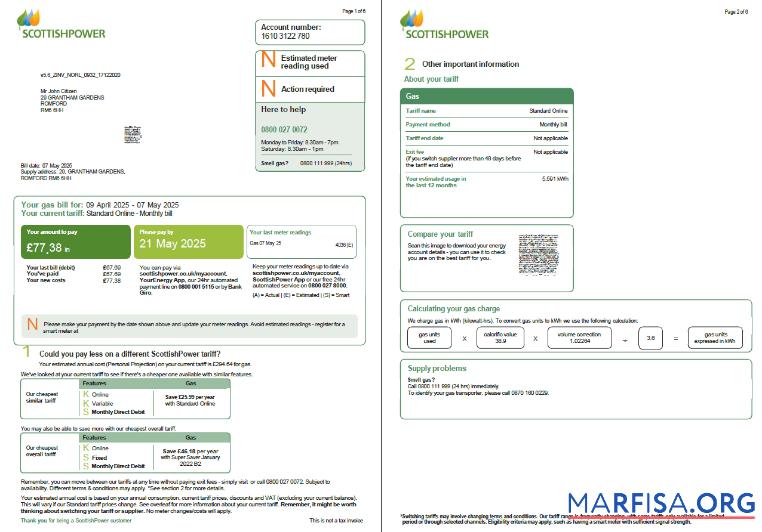 Реалистичный Шотландия Scottish Power Счёт за коммунальные услуги Счёт Шаблон in Word and PDF Форматы, 6 pages, 1 2 pages