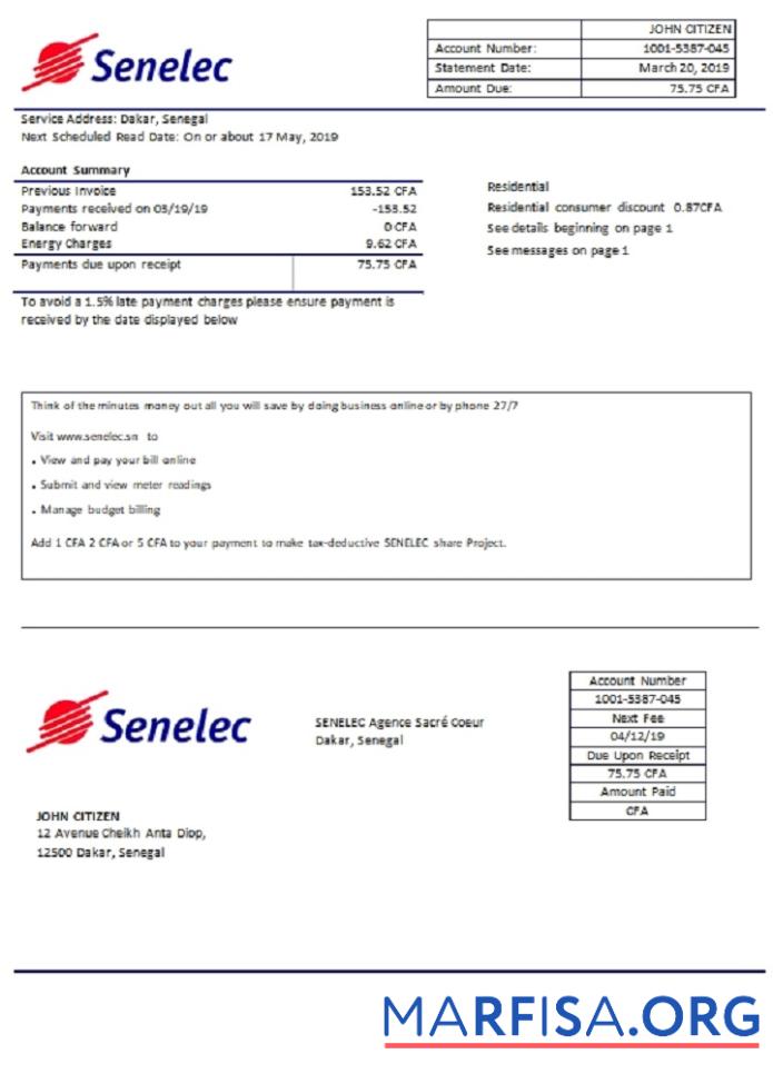 Профессиональный Сенегал Senelec Agence Sacre╠ü Coeur Компания Электричество Счёт за коммунальные услуги Счёт Шаблон in Word and PDF Формат