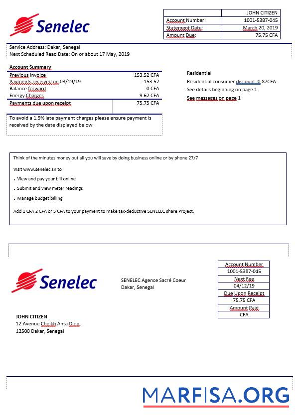 Сенегал Senelec Agence Sacre╠ü Coeur Электричество Счёт in Word Формат дизайн