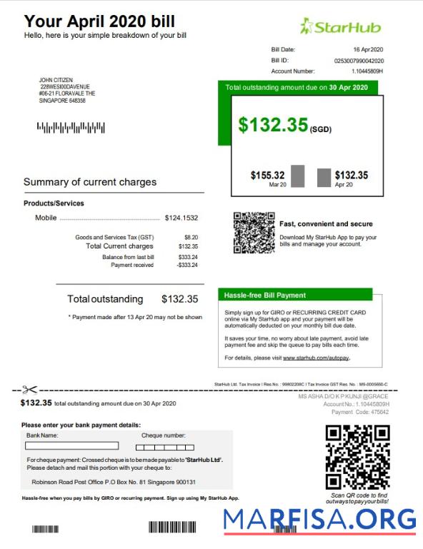 Редактируемый Сингапур StarHub Счёт за коммунальные услуги Счёт Шаблон in Word and PDF Формат