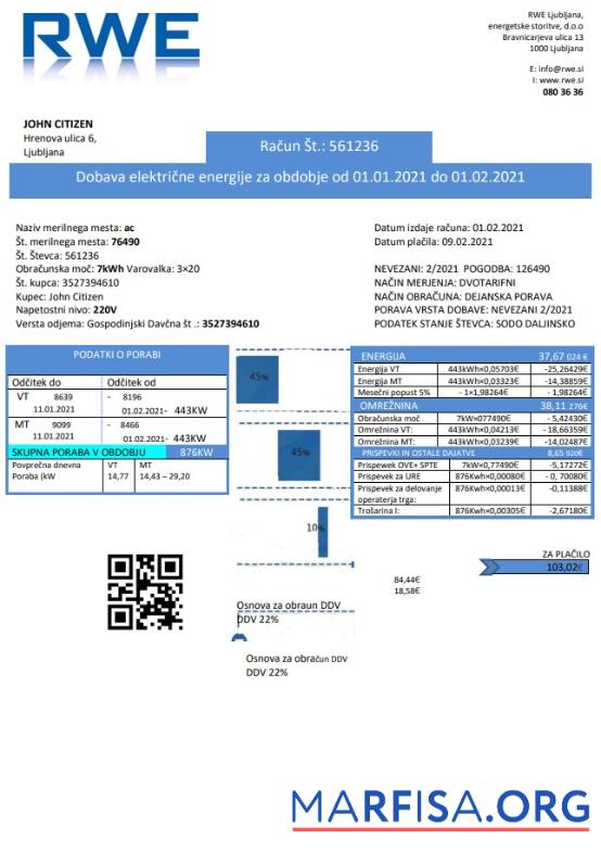 Реалистичный Словения RWE Электричество proof of address Счёт за коммунальные услуги Счёт Шаблон in Word and PDF Формат