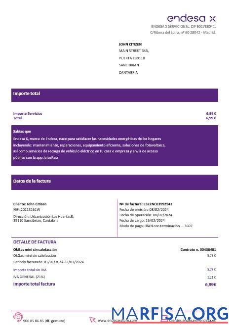 Испания Barcelona endesa X Электричество Счёт за коммунальные услуги Счёт Word and PDF Форматы образец
