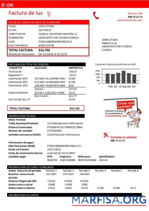 Премиум Испания E.ON Электричество Счёт за коммунальные услуги Счёт Шаблон in Word and PDF Формат