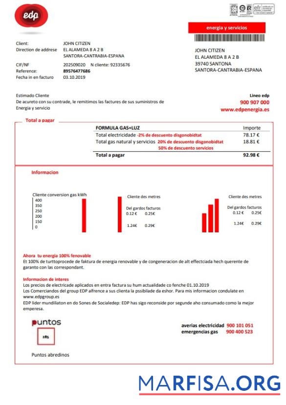 Высокое Качество Испания EDP Energia Счёт за коммунальные услуги Счёт Шаблон in Word and PDF Формат