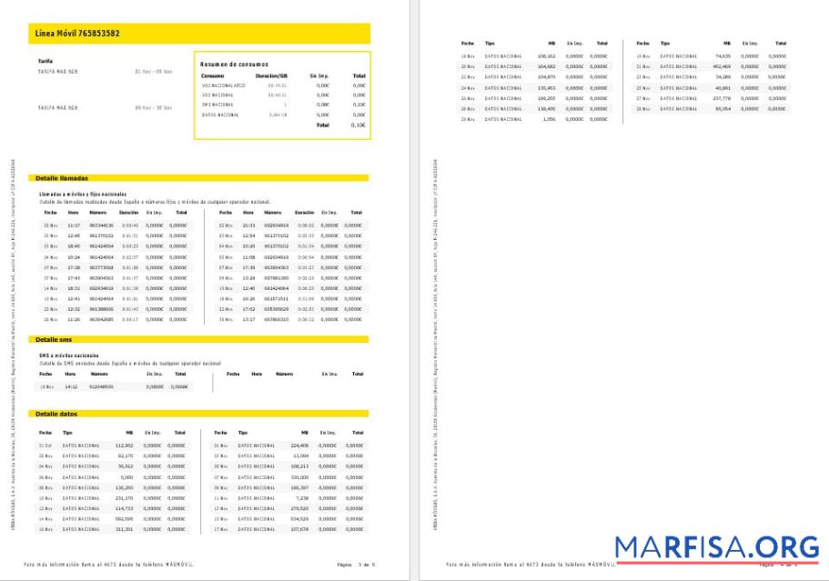 Испания Masmovil internet and mobile Счёт за коммунальные услуги Счёт Word and PDF Форматы, 5 pages. шаблон