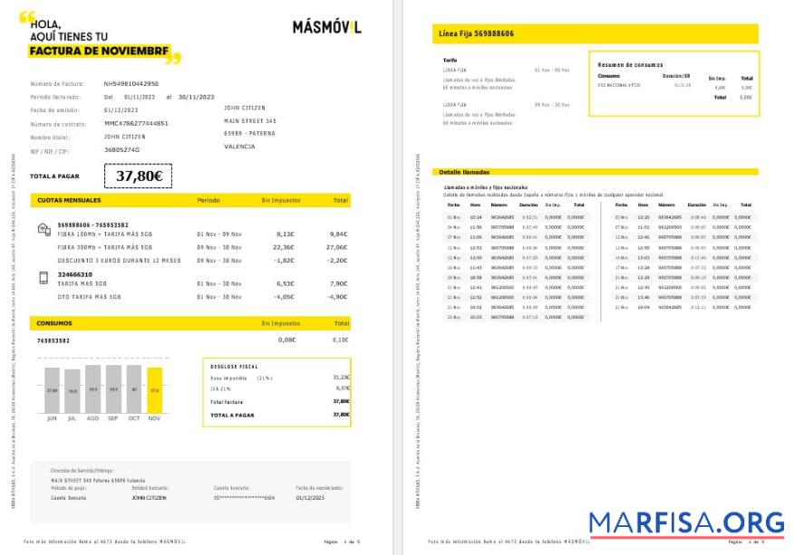 Испания Masmovil internet and mobile Счёт за коммунальные услуги Счёт Word and PDF Форматы, 5 pages предпросмотр