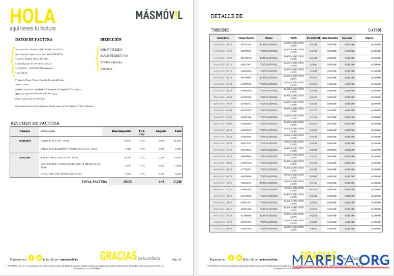 Испания Masmovil internet Счёт за коммунальные услуги Счёт Word and PDF Форматы, 6 pages макет