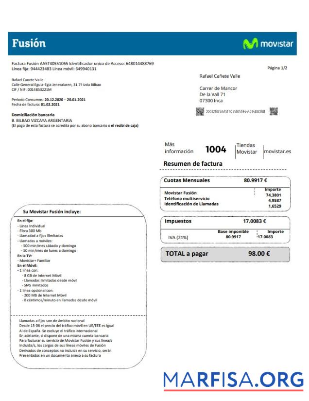 Испания Movistar Fusion telecom operator Счёт за коммунальные услуги Счёт Документ in Word and PDF Формат макет