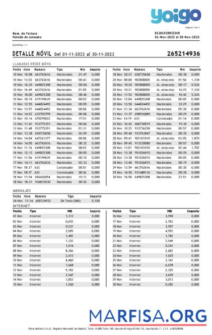 Испания Yoigo internet Счёт за коммунальные услуги Счёт in Word and PDF Форматы, 3 pages. образец