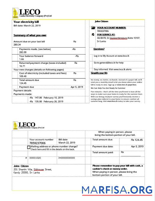 Шри-Ланка LECO Электричество Счёт in Word Формат образец