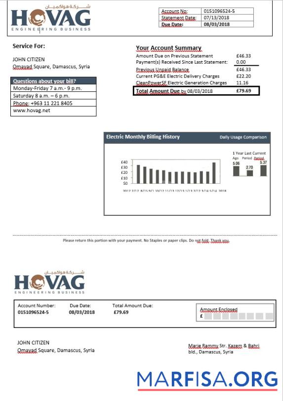 Сирия HOVAG Электричество Счёт in Word Формат предпросмотр