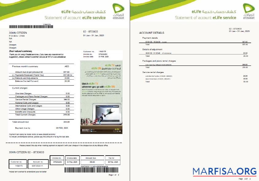 Премиум ОАЭ Etisalat Счёт за коммунальные услуги Счёт Шаблон in Word and PDF Форматы, 2 pages, Версия 2