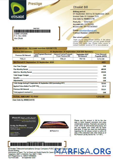 Профессиональный ОАЭ Etisalat Счёт за коммунальные услуги Счёт Шаблон in Word and PDF Форматы, Версия 2