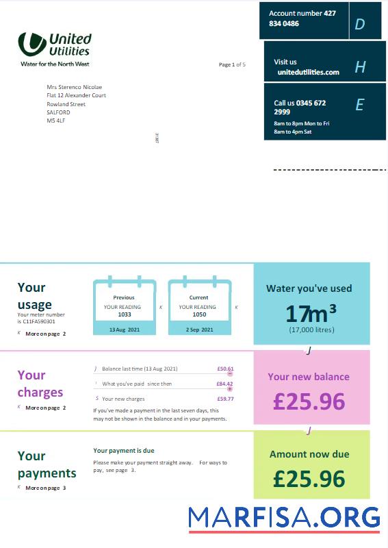 Профессиональный Великобритания UNITED UTILITIES Счёт за коммунальные услуги Счёт Word and PDF Шаблон