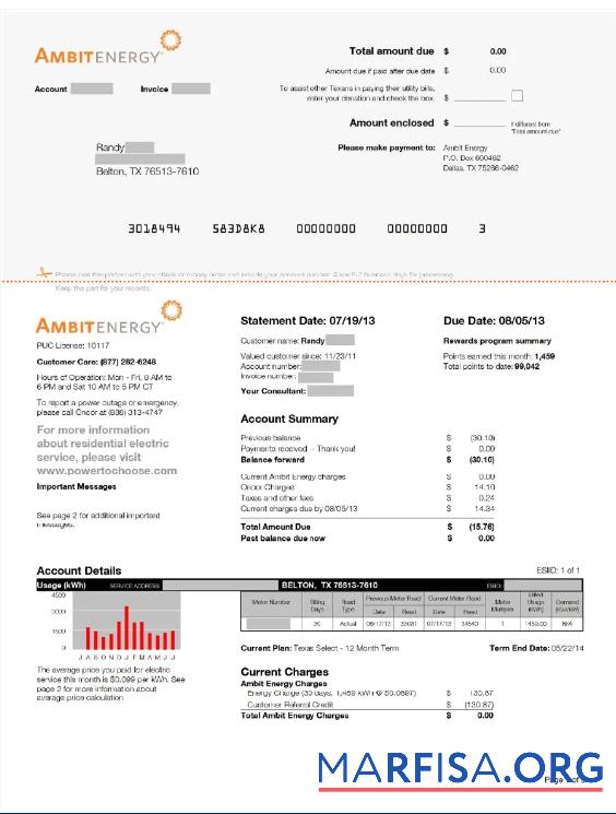 Редактируемый США AMBIT ENERGY Счёт за коммунальные услуги Счёт Word and PDF Шаблон