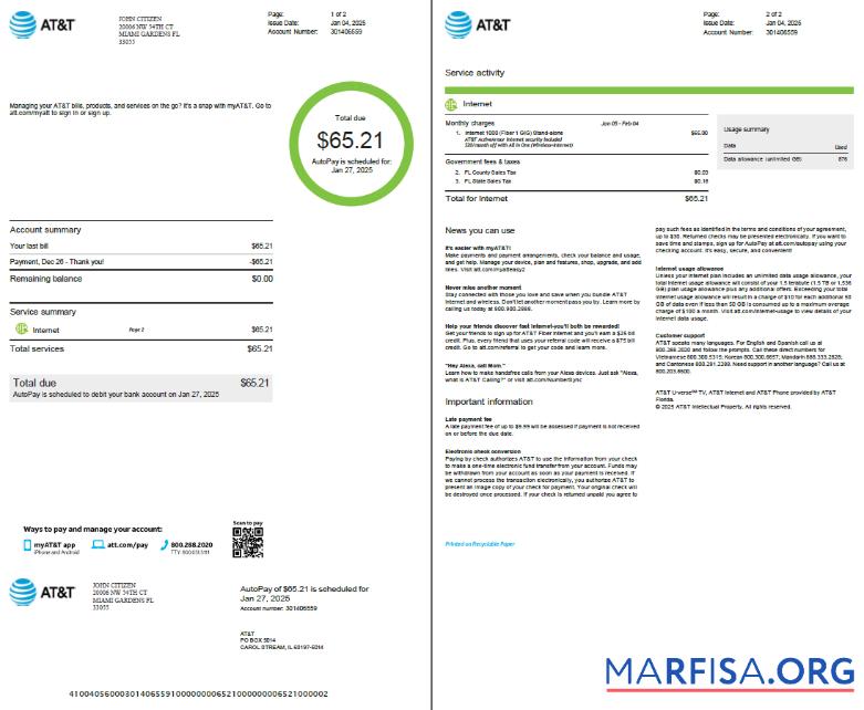 Редактируемый США AT&T Счёт за коммунальные услуги Счёт Шаблон in Word and PDF Форматы, 2 pages, Версия 2