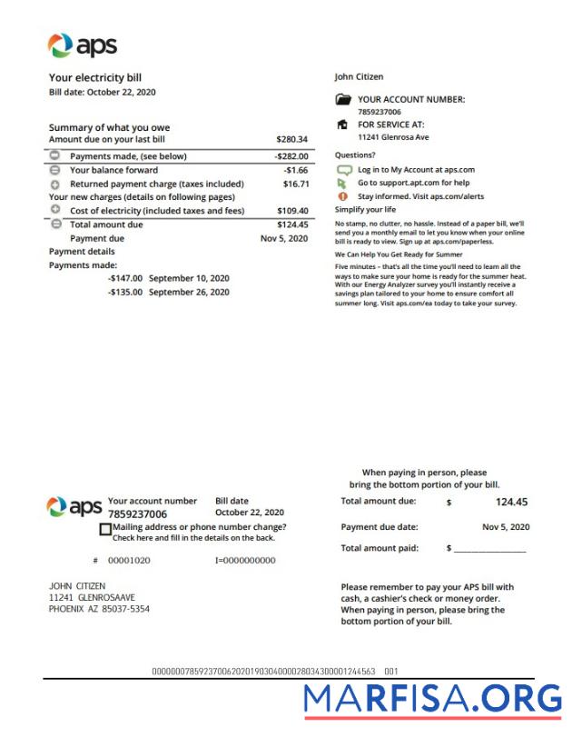Высокое Качество США Arizona APS Электричество proof of address Счёт за коммунальные услуги Счёт Шаблон in Word and PDF Формат