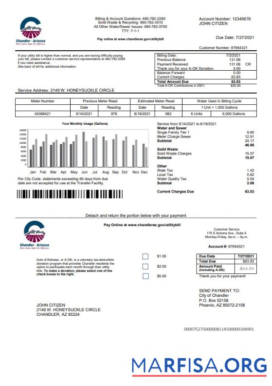Высокое Качество США Arizona Chandler Utilities Счёт Шаблон in Word and PDF Формат