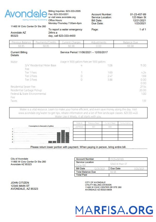 Премиум США Arizona The City of Avondale Вода Счёт за коммунальные услуги Счёт Шаблон in Word and PDF Формат