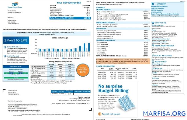 Высокое Качество США Arizona Tucson Electric Power (TEP) Счёт за коммунальные услуги Счёт, Word and PDF Шаблон, 2 pages