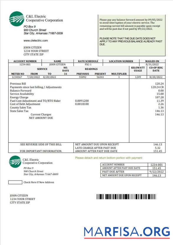 Реалистичный США Arkansas C & L Electric Cooperative Corporation Счёт за коммунальные услуги Счёт Шаблон in Word and PDF Формат
