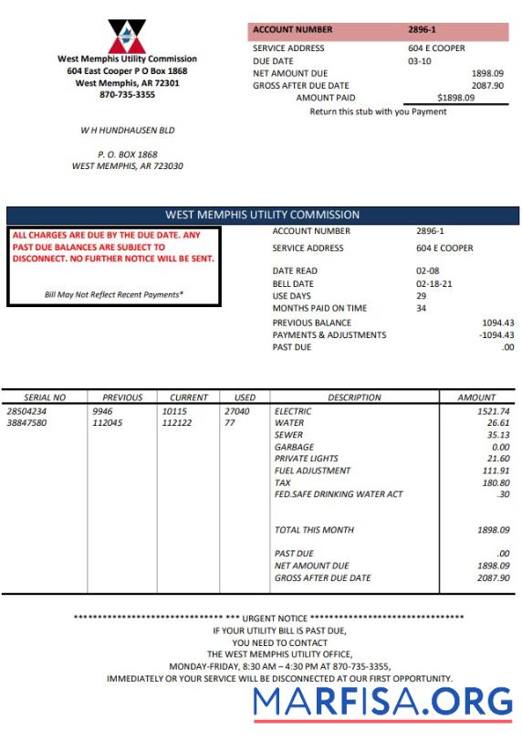 Реалистичный США Arkansas West Memphis Счёт за коммунальные услуги Счёт Шаблон in Word and PDF Формат