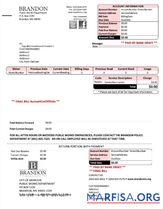 Высокое Качество США BRANDON MISSISSIPPI Счёт за коммунальные услуги Счёт Word and PDF Шаблон