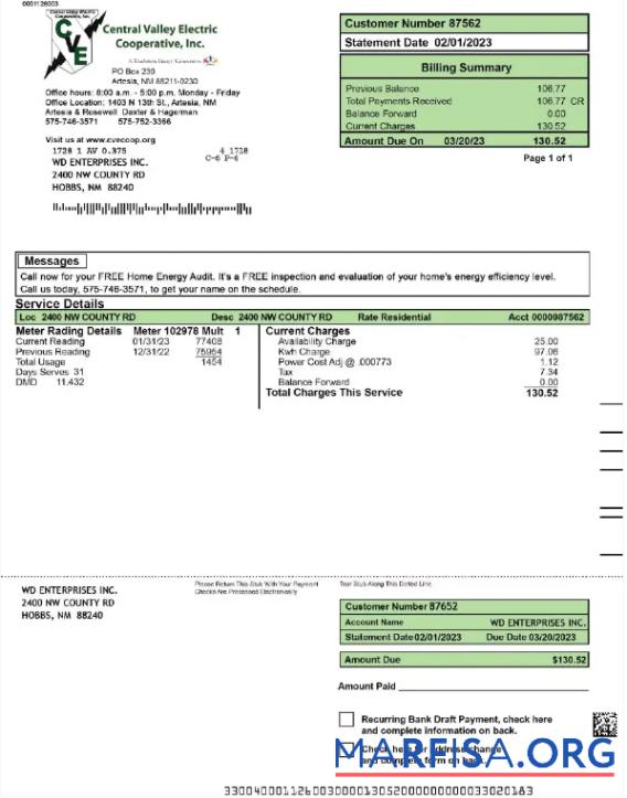 Высокое Качество США CENTRAL VALLEY ELECTRIC Счёт за коммунальные услуги Счёт Word and PDF Шаблон